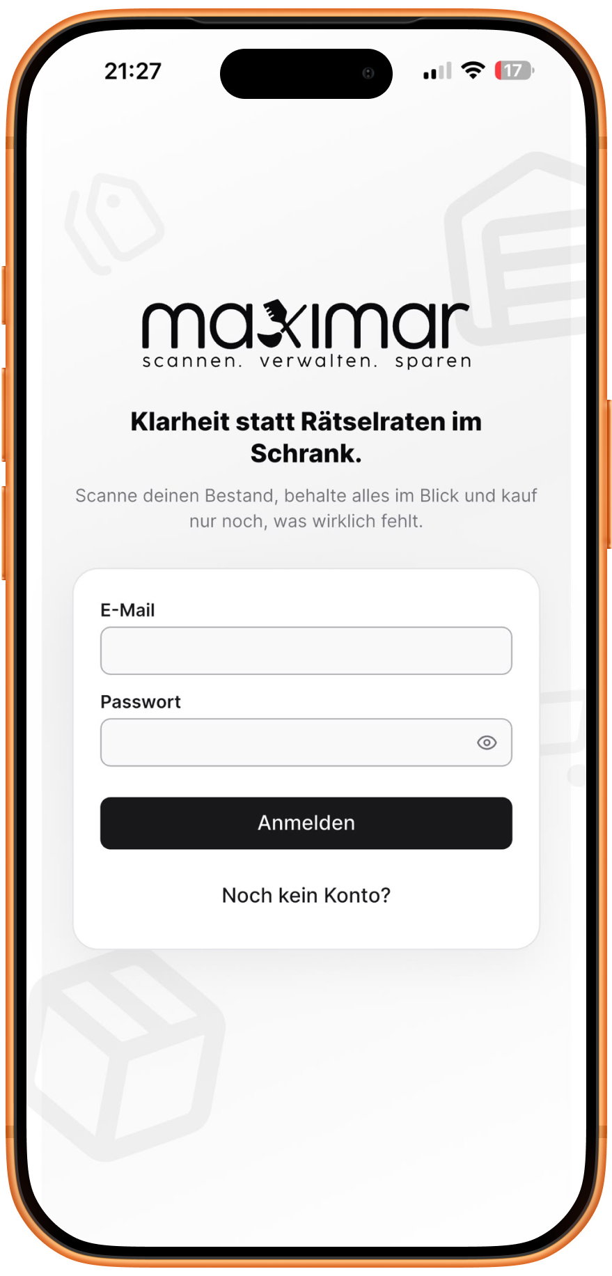maximar Login mit Slogan Scannen. Verwalten. Sparen.