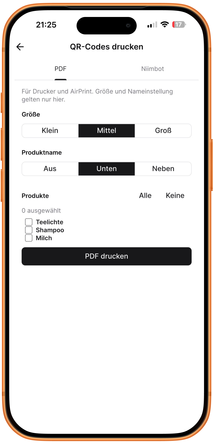 maximar QR-Codes drucken mit PDF- und Niimbot-Option